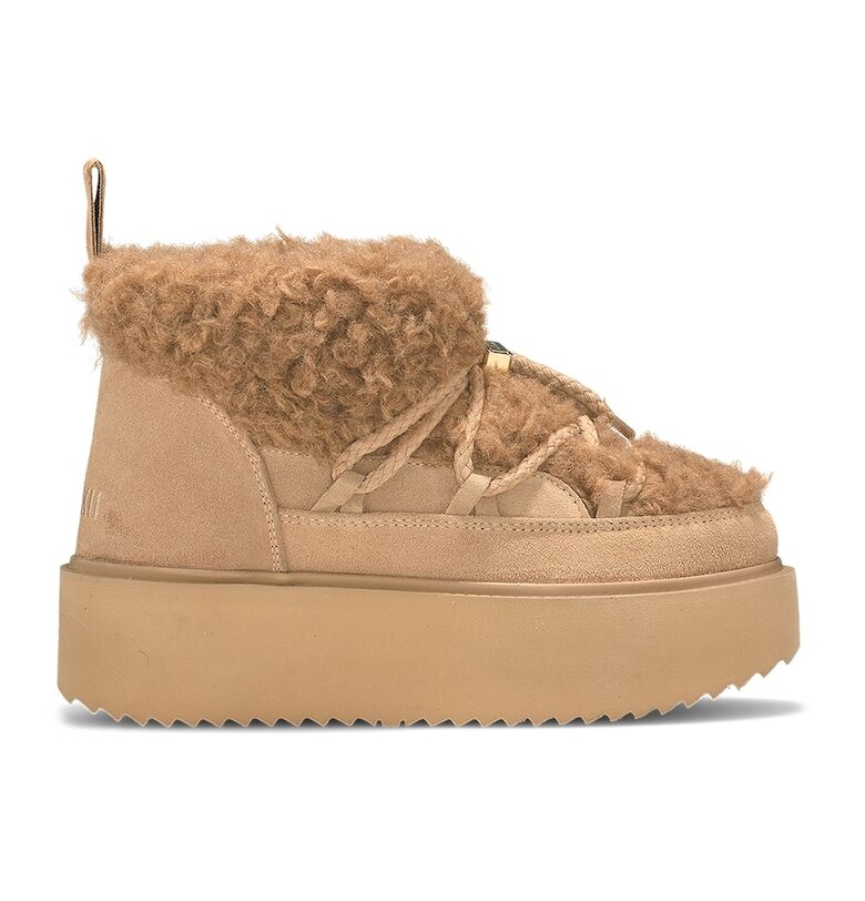 Боти на равна платформа с велур и вълна - Бежов INUIKII