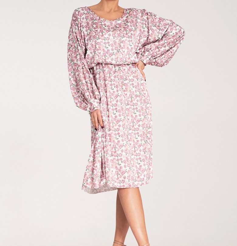 Буфан рокля  обемни ръкави - флорален принт - розово - полиестер-еластан - SM Figl