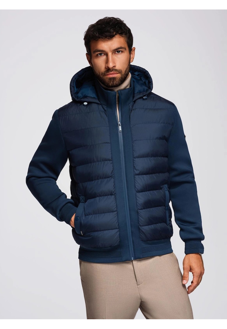 Ватирано бомбър яке с качулка и плетени ръкави OM-JALP-0298 - Тъмносин OMBRE