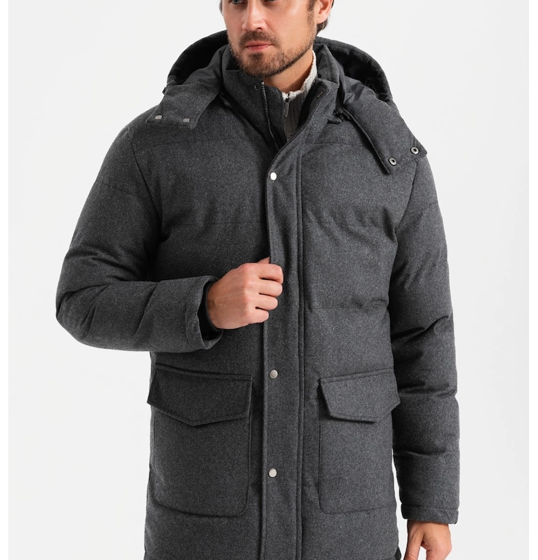 Ватирано зимно яке с вълна с качулка - Избеляло черно OMBRE