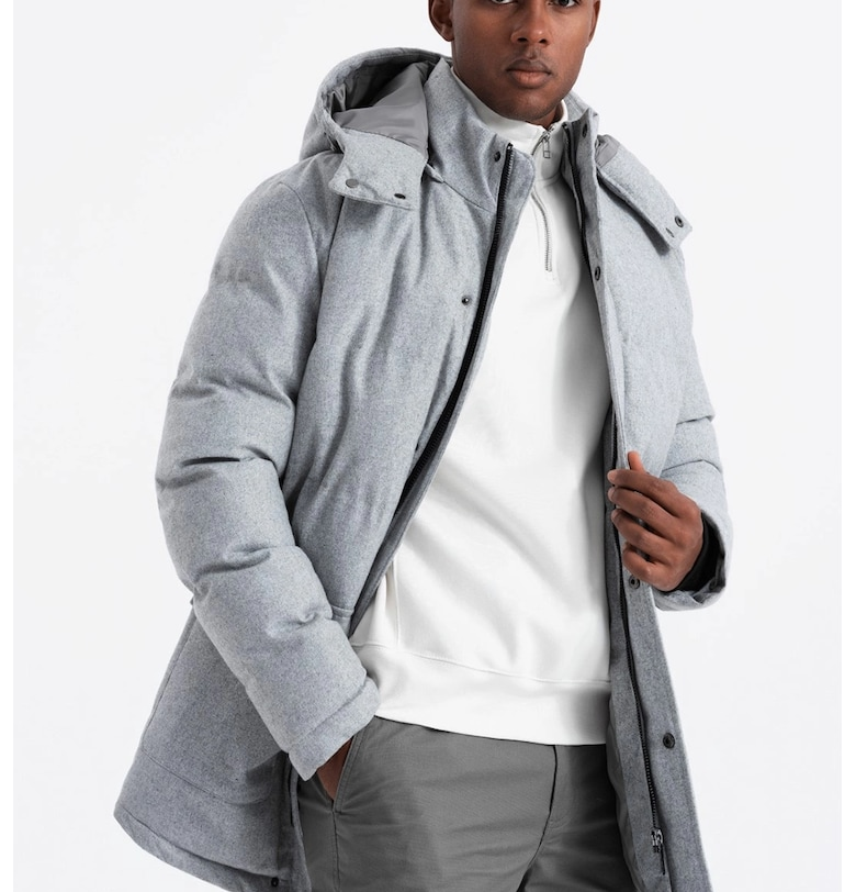 Ватирано зимно яке с вълна с качулка - Светло сив OMBRE