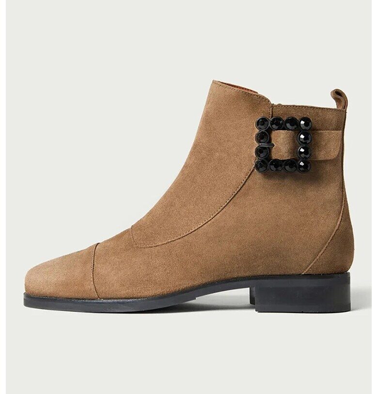 Велурени боти с бижу на токата - Светлокафяв ALURA