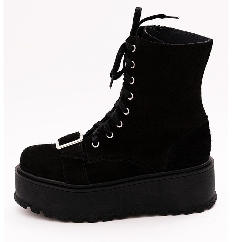 Велурени боти с равна платформа - Черен VAGAM