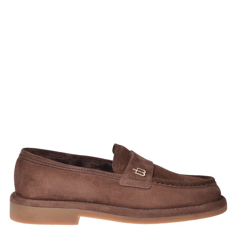 Велурени мокасини с метален монограм - Сиво-кафяв Baldinini