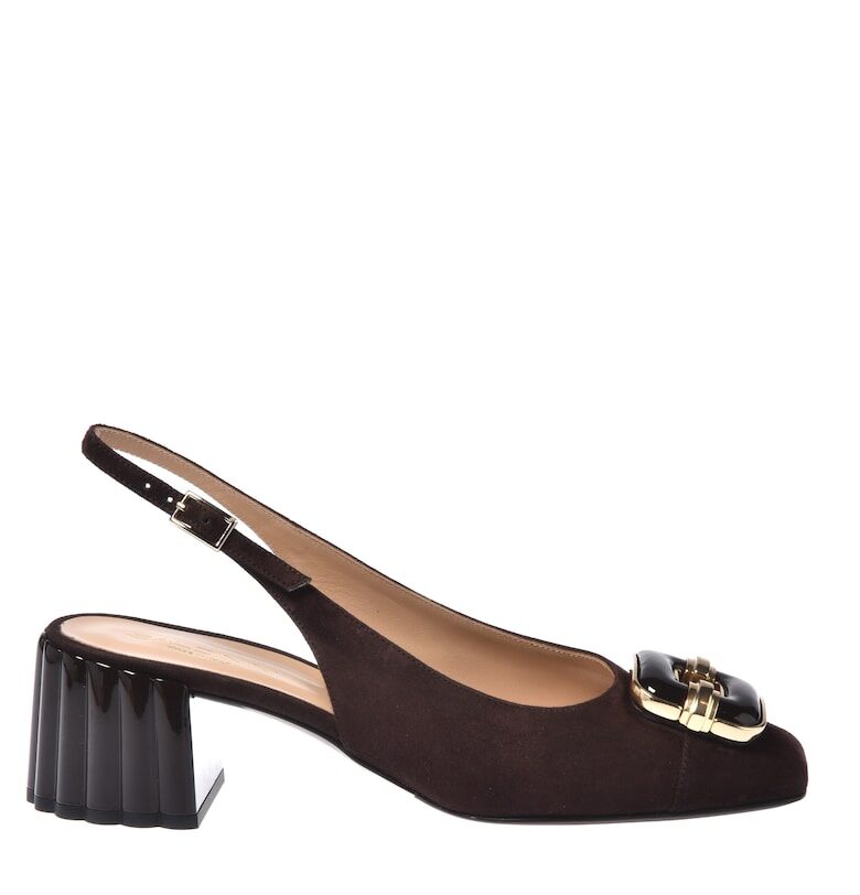 Велурени обувки с отворена пета и каишка с тока - Тъмнокафяв Baldinini