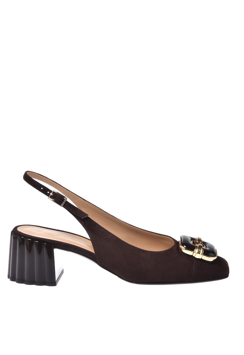 Велурени обувки с отворена пета и каишка с тока - Тъмнокафяв Baldinini