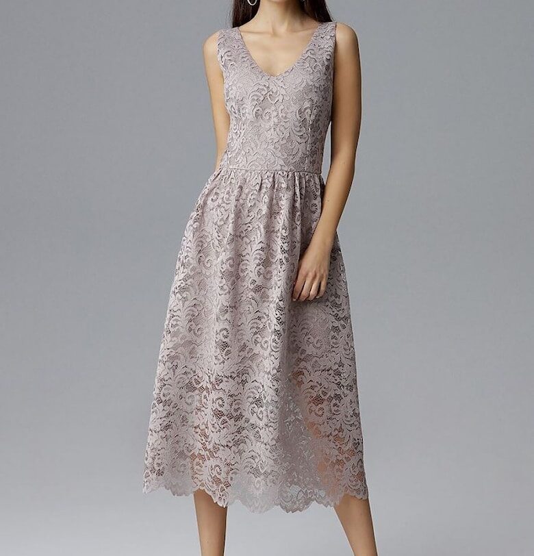 Вечерна рокля  дължина 7/8 - дантела - красиво деколте - бежово - полиестер-еластан - Figl