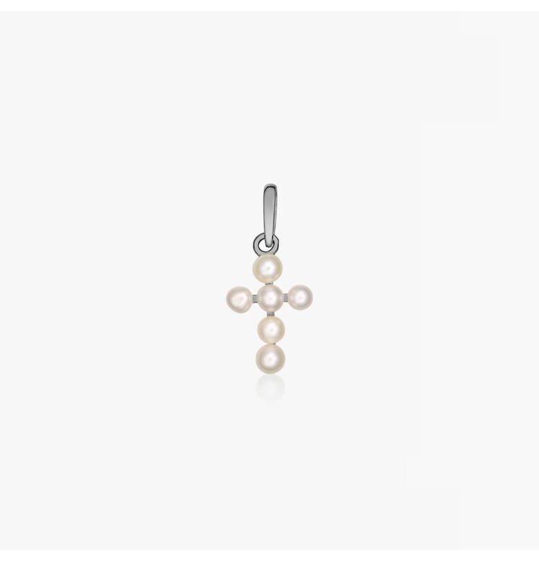 Висулка от бяло злато с перлен кръст - естествени перли INDIRA