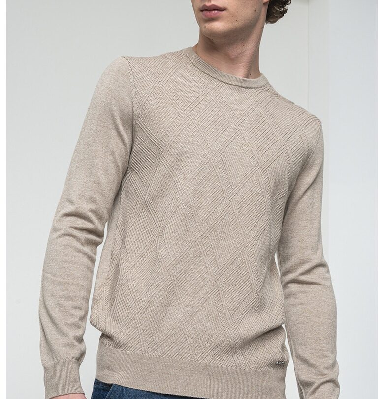 Втален пуловер с вълна - Кафяв меланж GUESS