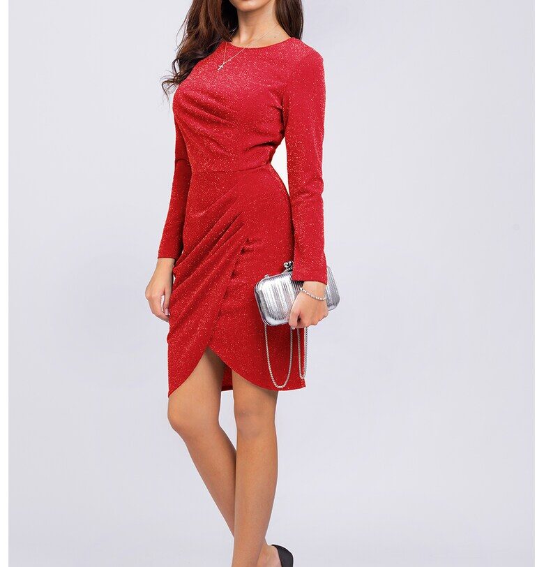 Вталена бляскава рокля с дълги ръкави - Аленочервен CAMISSI
