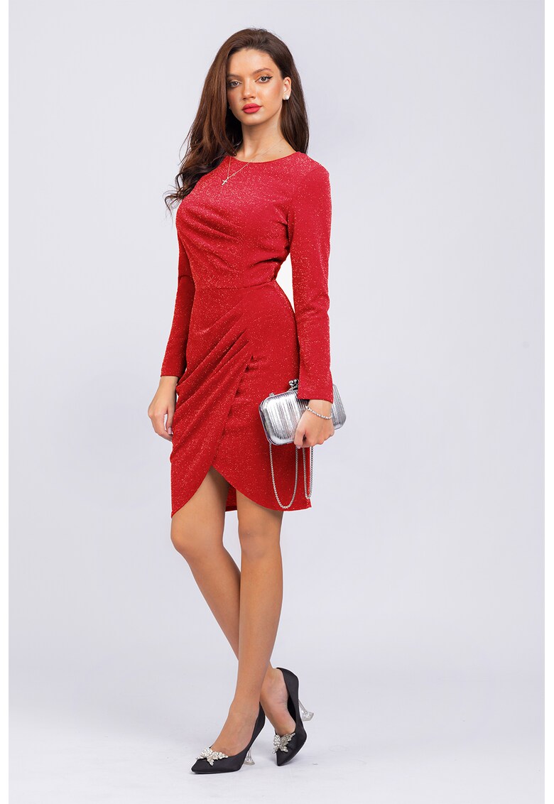 Вталена бляскава рокля с дълги ръкави - Аленочервен CAMISSI