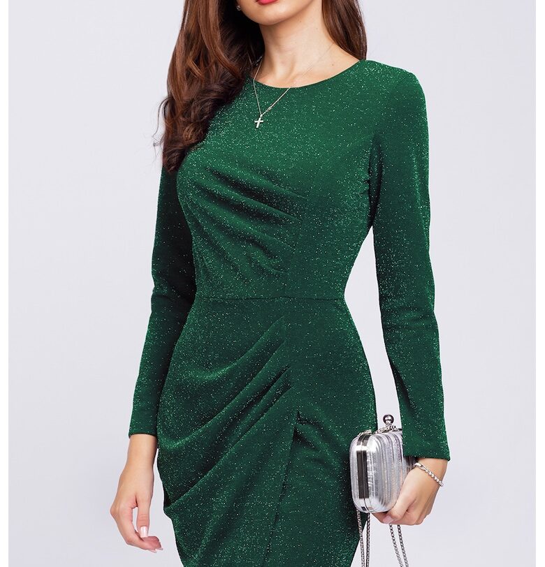 Вталена бляскава рокля с дълги ръкави - Тъмнозелен CAMISSI