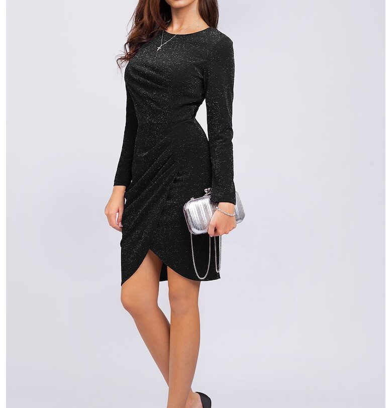 Вталена бляскава рокля с дълги ръкави - Черен/Сребрист CAMISSI