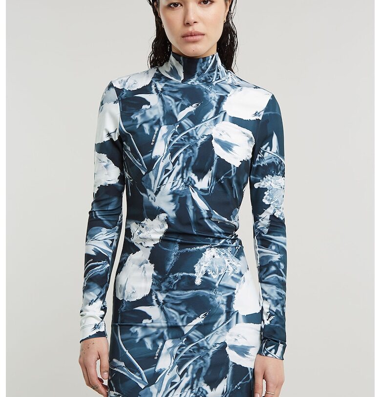 Вталена къса рокля тип поло - Бял/Петролно синьо G-STAR