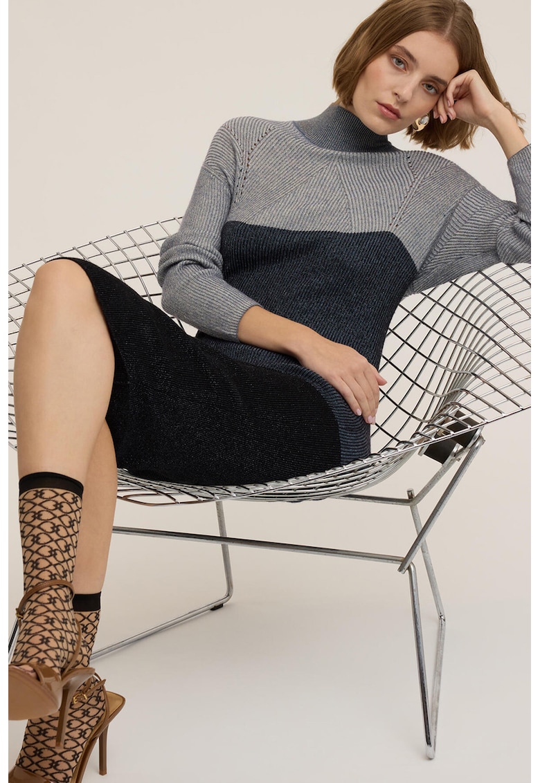 Вталена миди рокля с вълна - Черен/Светло сив/Tъмносив Motivi