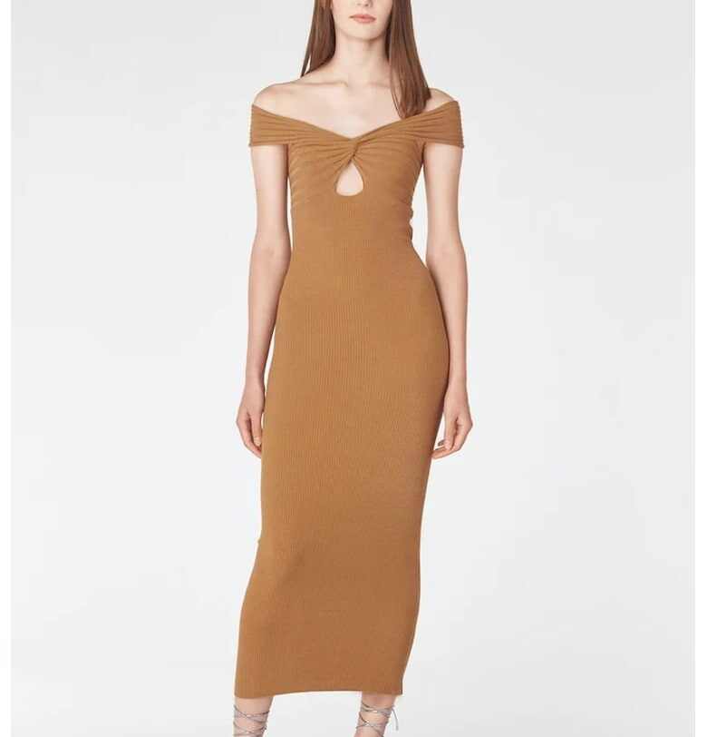 Вталена миди рокля с голи рамене - Карамел Lara Wear