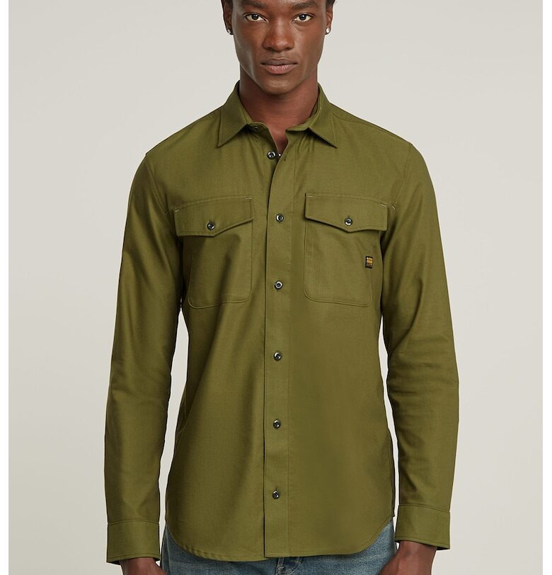 Вталена памучна риза с пришити джобове - Маслинено зелено G-STAR