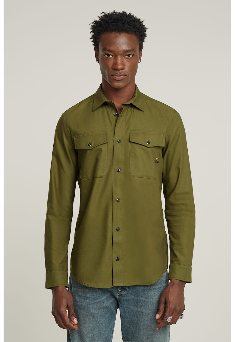 Вталена памучна риза с пришити джобове - Маслинено зелено G-STAR