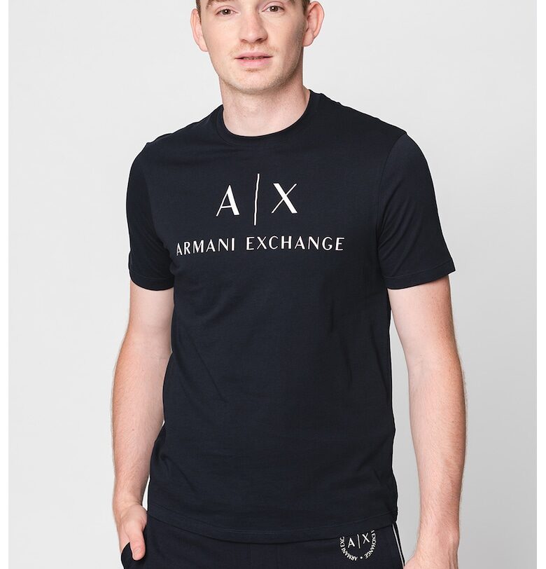 Вталена памучна тениска с лого - Тъмносин ARMANI EXCHANGE