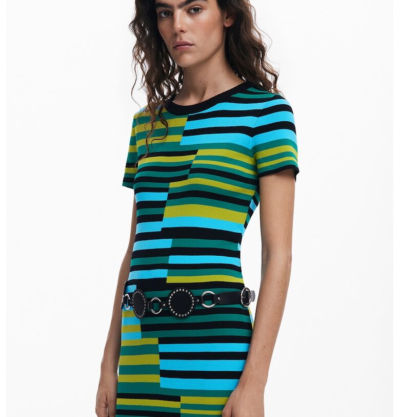 Вталена раирана рокля - Зелен/Жълт/Син DESIGUAL