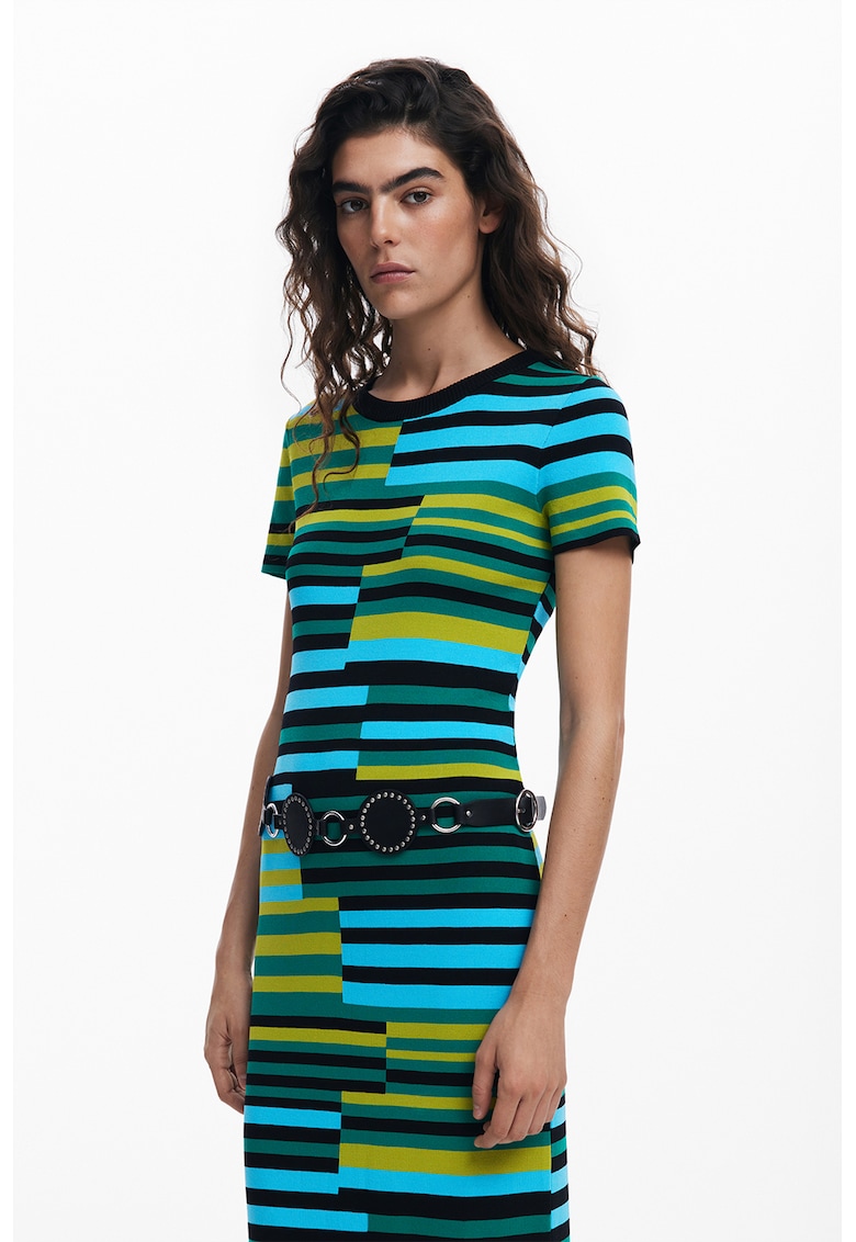 Вталена раирана рокля - Зелен/Жълт/Син DESIGUAL