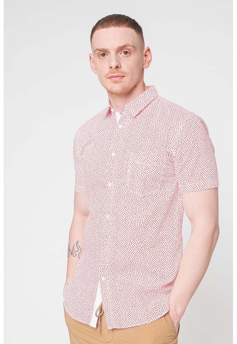 Вталена риза Magneton с къси ръкави - Червен/Бял BOSS