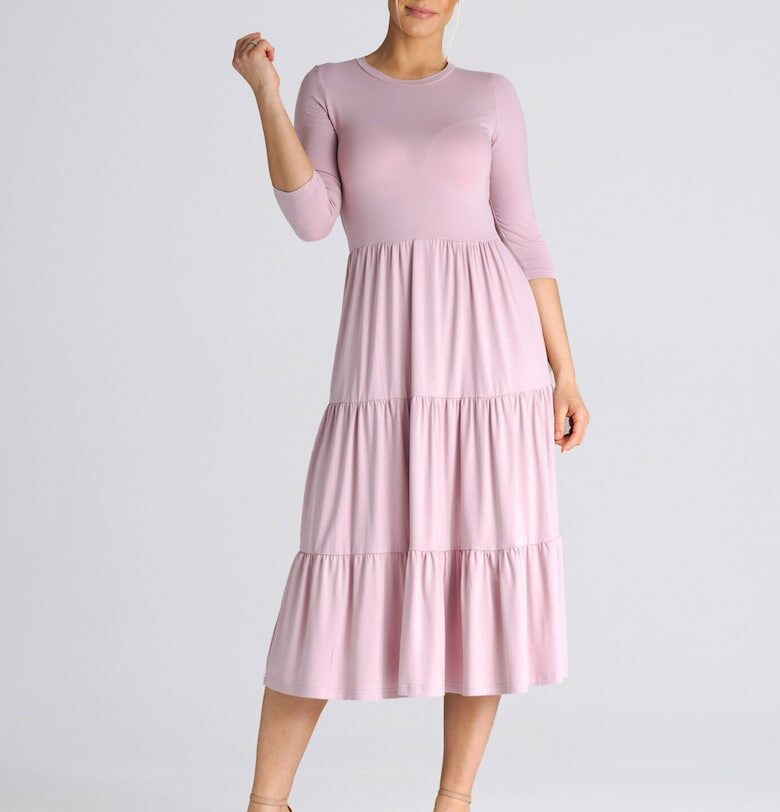 Вталена рокля  с волани - 3/4 ръкав - розово - вискоза Figl