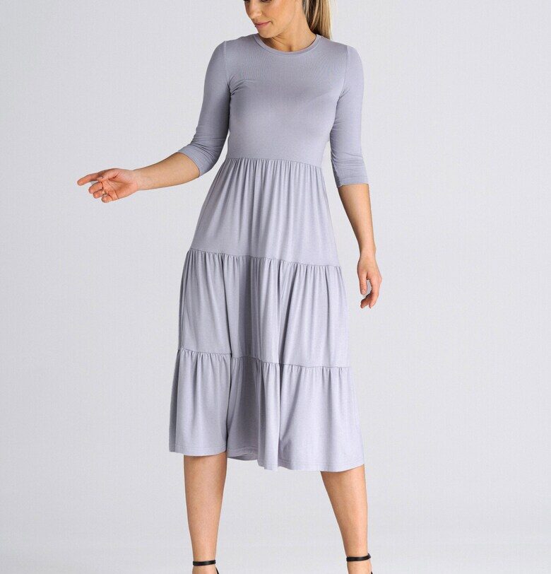 Вталена рокля  с волани - 3/4 ръкав - сива - вискоза Figl