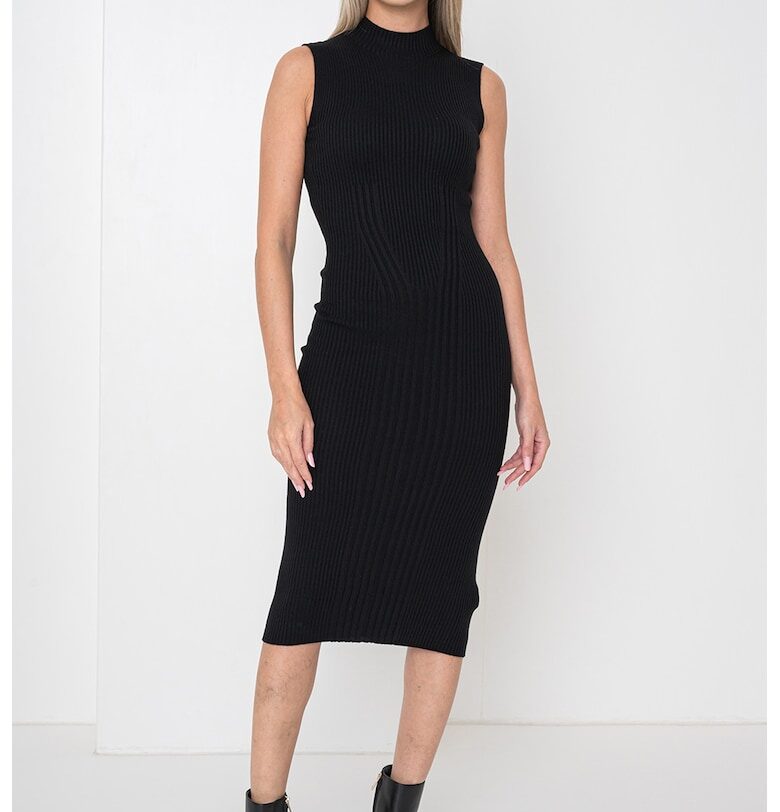 Вталена рокля с поло с кашмир и коприна - Черен GUESS