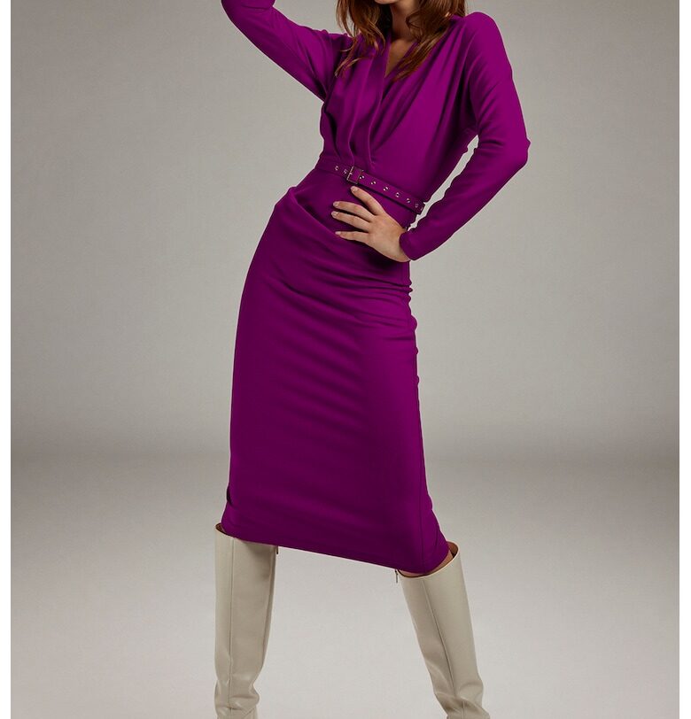 Вталена рокля с шпиц и колан - Виолетов Alina Cernatescu