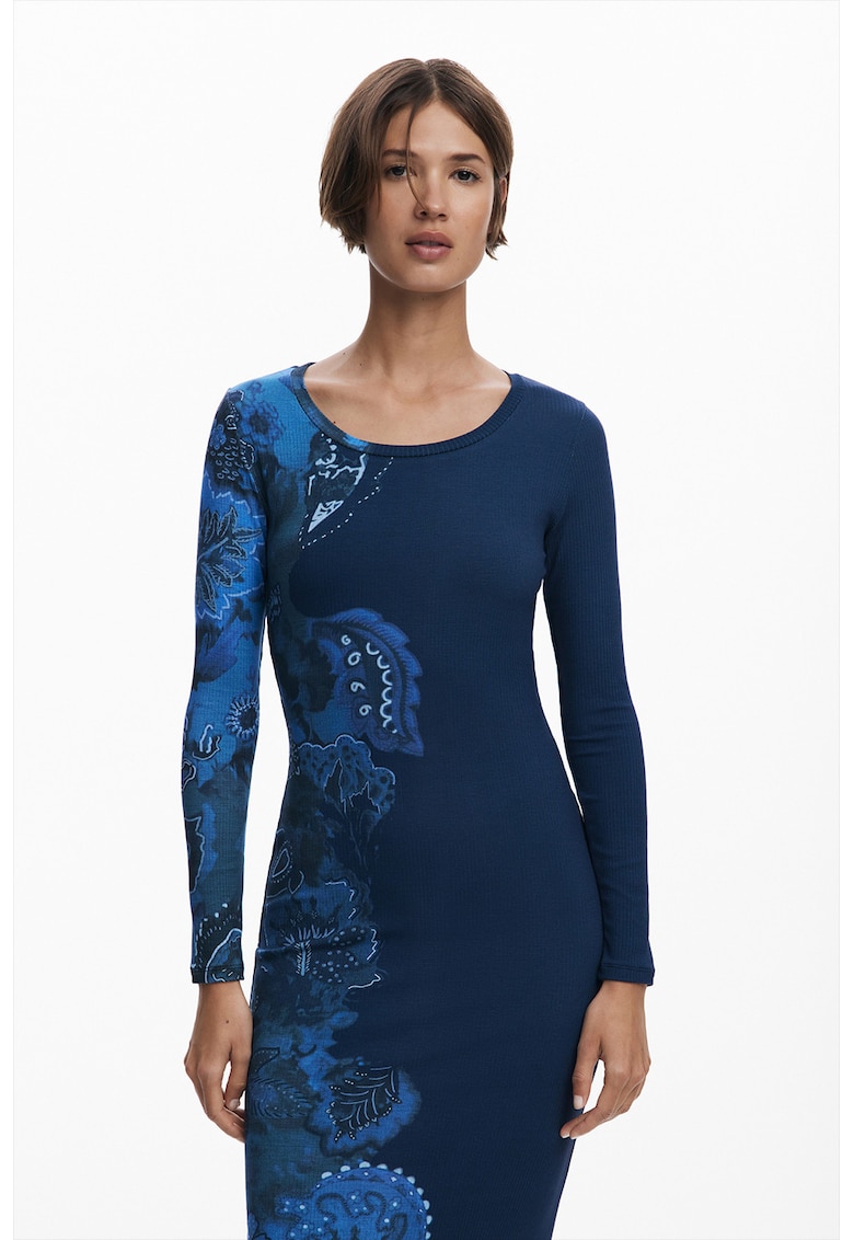 Вталена флорална миди рокля - Тъмносин/Кралско Синьо DESIGUAL