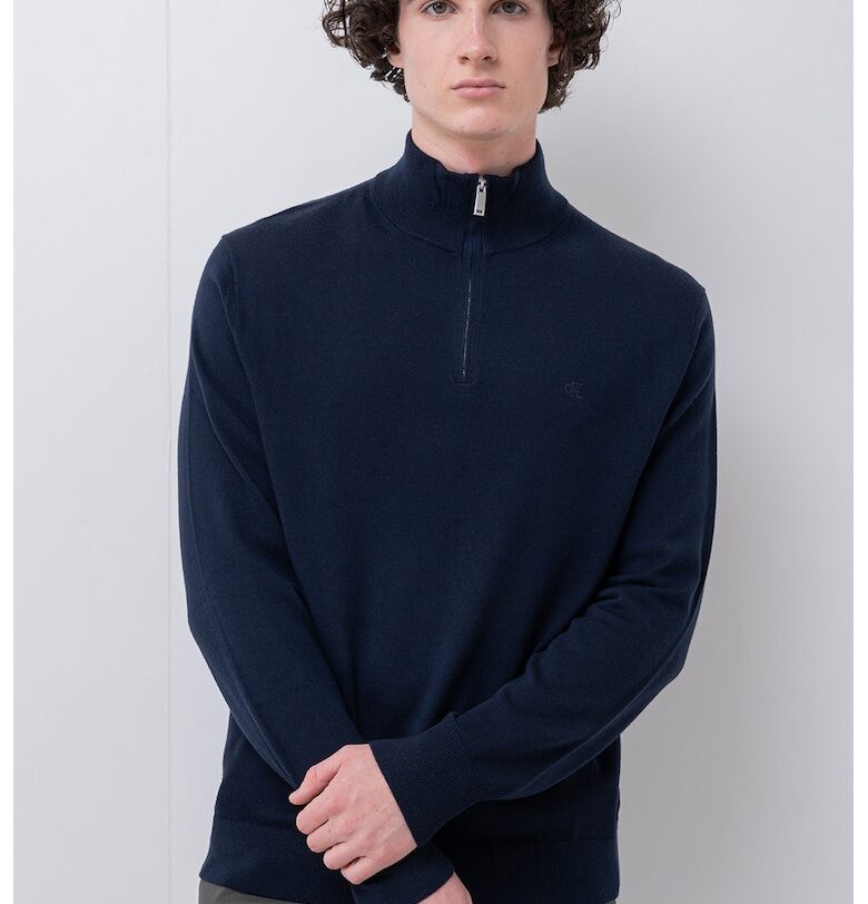 Вълнен пуловер с къс цип - Тъмносин CALVIN KLEIN