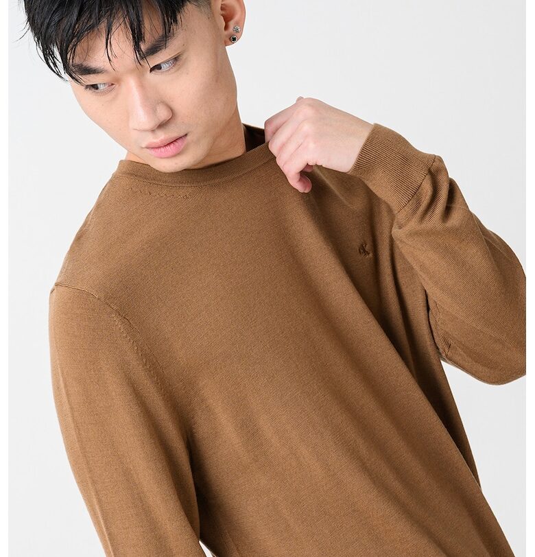 Вълнен пуловер с овално деколте - Карамел CALVIN KLEIN