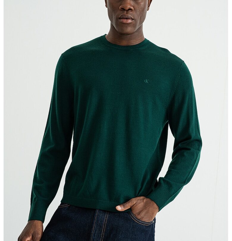 Вълнен пуловер с овално деколте - Тъмнозелен CALVIN KLEIN