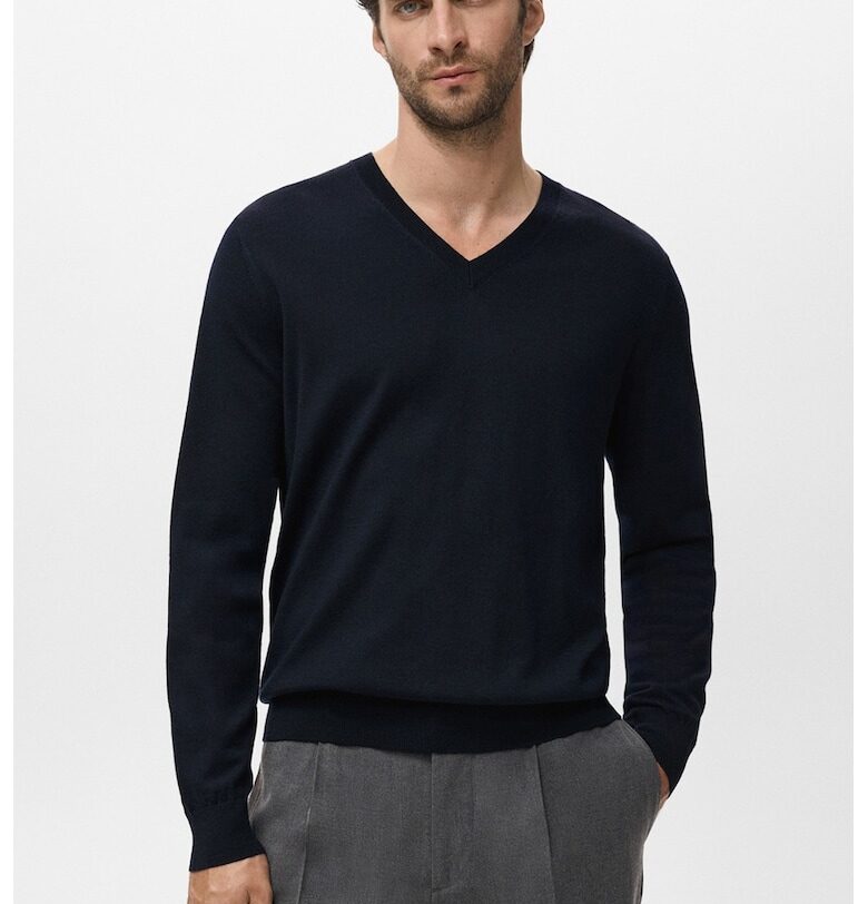 Вълнен пуловер с шпиц - Ултрамарин синьо Mango