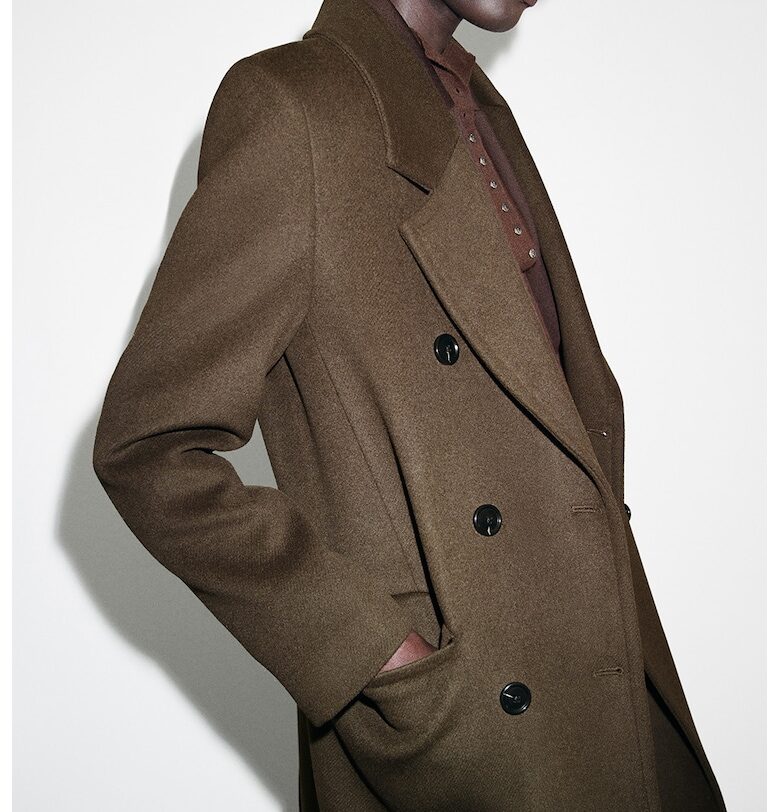 Вълнено палто с двуредно закопчаване - Тъмнокафяв Mango