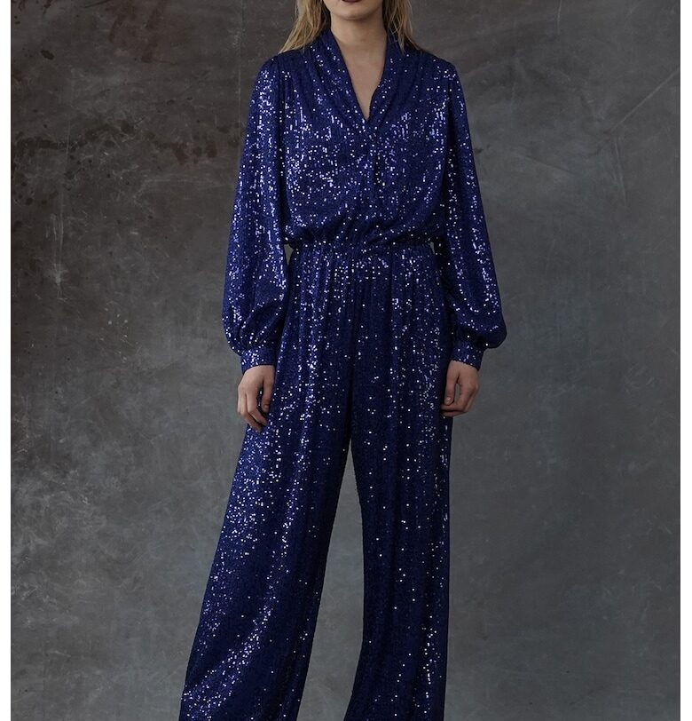 Гащеризон Azulic с пайети и бухнали ръкави - Син MIAU by Clara Rotescu