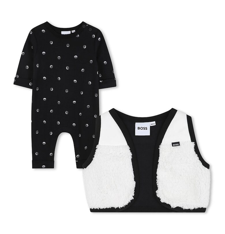 Гащеризон с десен и пухен елек - 2 части - Бял/Черен BOSS Kidswear