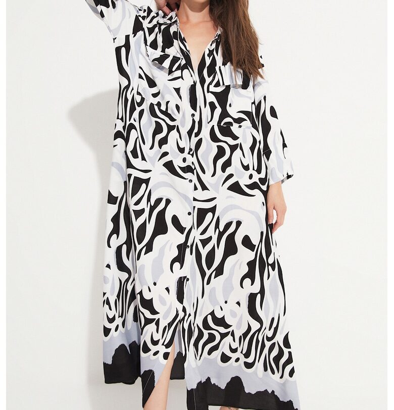 Голяма рокля тип риза с принт и джобове - Черен/Светло сив/Бял June