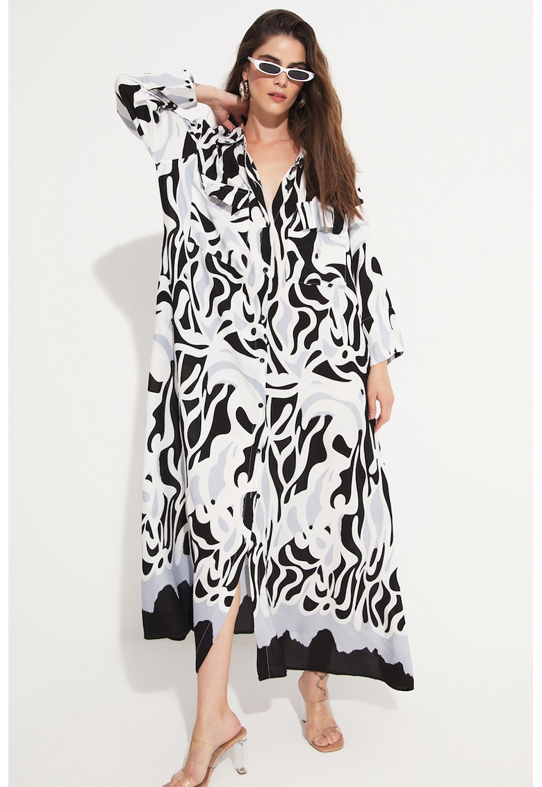 Голяма рокля тип риза с принт и джобове - Черен/Светло сив/Бял June