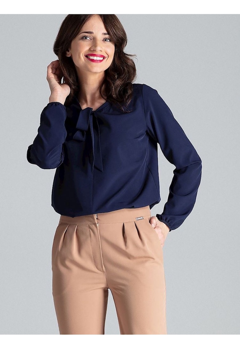 Дамска блуза - Ленитиф - тъмносиньо - дълъг ръкав - декоративен възел - полиестер - Lenitif