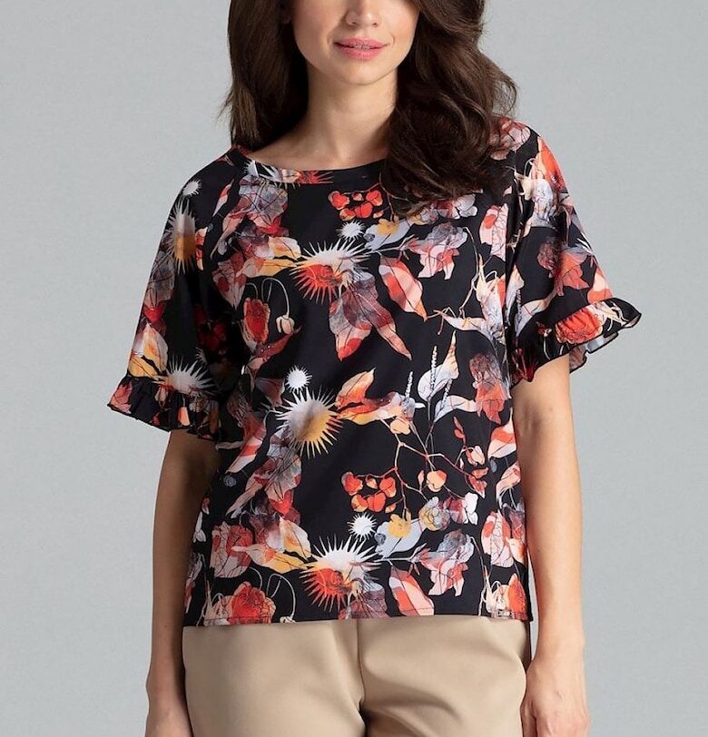 Дамска блуза - Ленитиф - флорален десен - къс ръкав - многоцветна - полиестер Lenitif