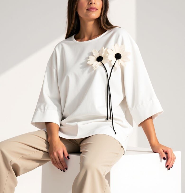 Дамска блуза - Фигл - Цвете - Памук/Полиамид/Еластан - Бяла - Един размер Figl