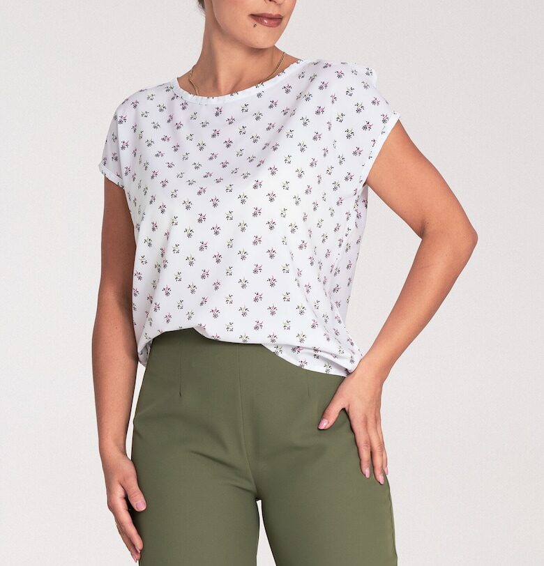 Дамска блуза с цветя -  Полиестер/Еластан - Къс ръкав - Бяла Figl