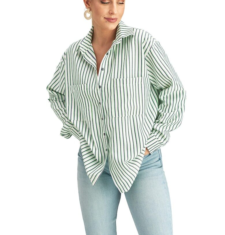 Дамска елегантна риза  модел M1024 - зелено-бели райета - полиестер и вискоза Figl