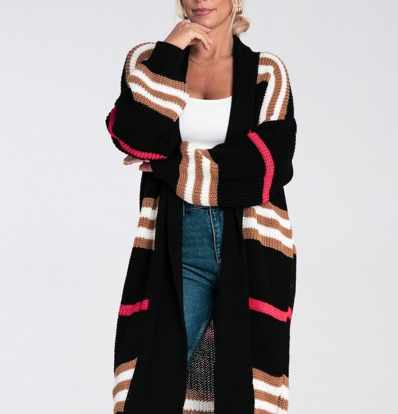 Дамска жилетка -  черна с цветни райета - дълга - акрилна плетка - ежедневна Figl