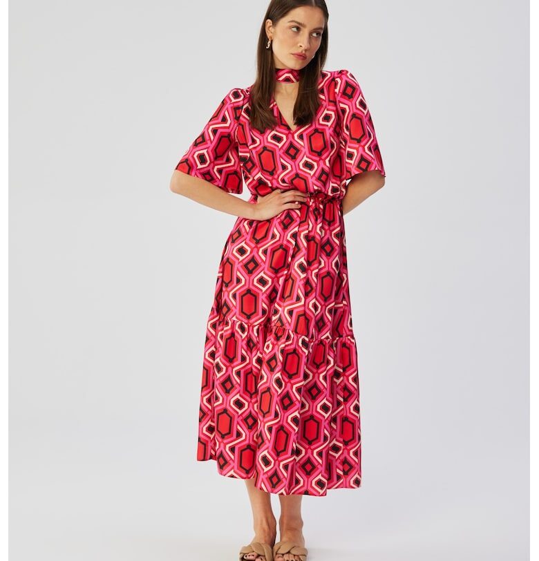 Дамска макси рокля с волани - Полиестер - Червена - Многоцветен MOE