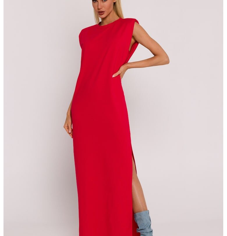 Дамска макси рокля - с рамене - Полиестер - Червен MOE