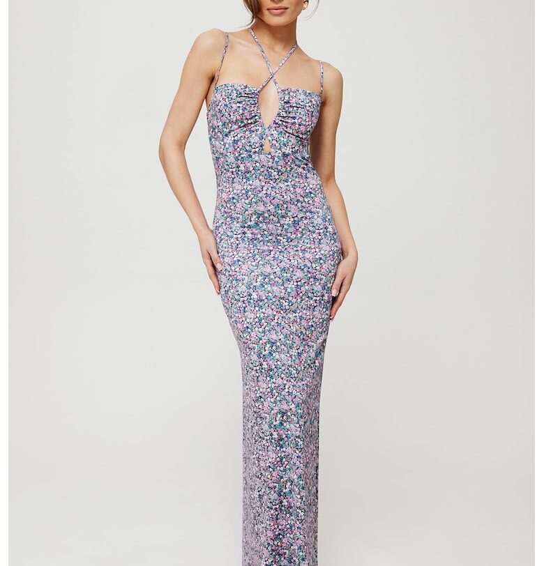 Дамска макси рокля с щампа и връзка на врата - полиестер - черна' MOE