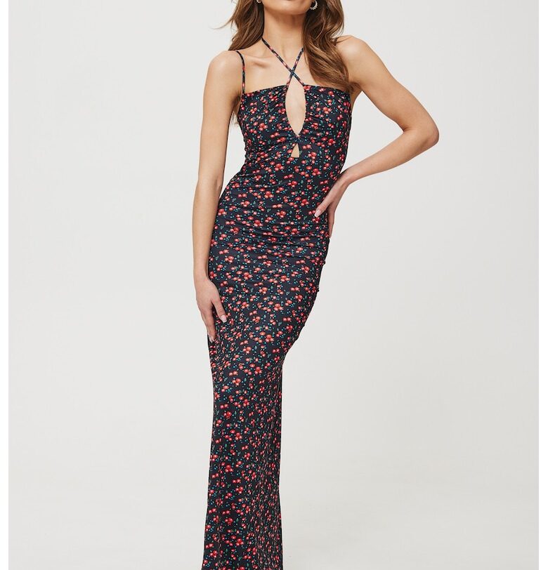 Дамска макси рокля с щампа и връзка на врата - полиестер - черна - Многоцветен MOE